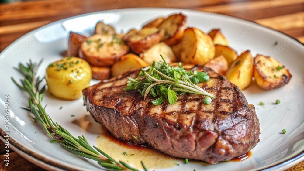 Grilled Steak with Roasted Potatoes High-Angle Close-Up Food Photography,steak,roasted potatoes Grilled Steak with Roasted Potatoes High-Angle Close-Up Food Photography,steak,roasted potatoes
