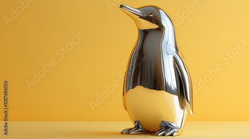 Sleek Silver Penguin Figurine on a Pastel Yellow Background: A Charming Decorative Piece for Modern Homes and Interior Design Projects
