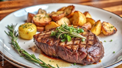 Grilled Steak with Roasted Potatoes High-Angle Close-Up Food Photography,steak,roasted potatoes