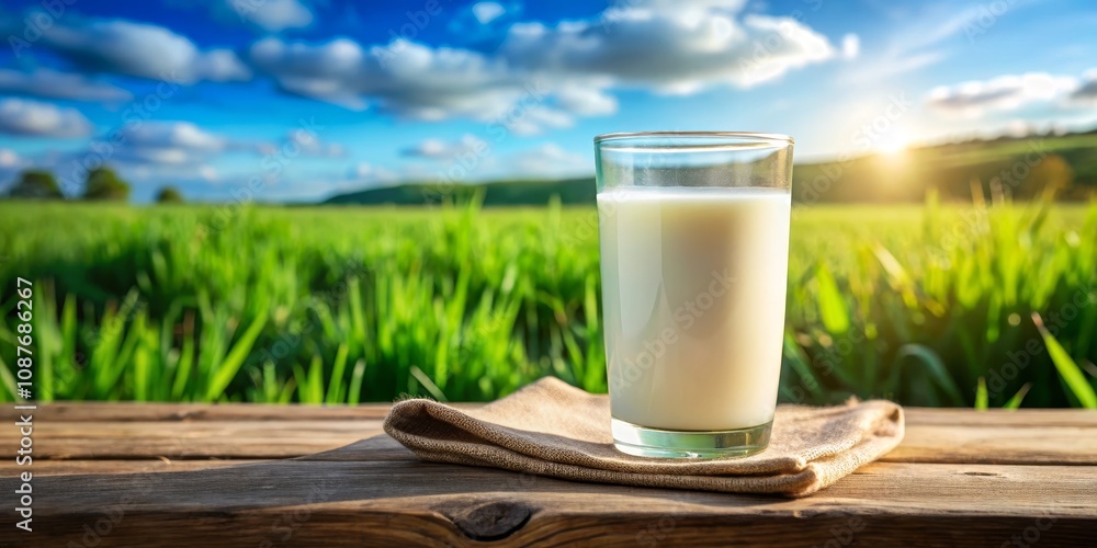 Glass of Milk in Sunny Field Rustic Wooden Table, Burlap, Sunrise, Dairy, Drink, Milk Glass Dairy, Farm Glass of Milk in Sunny Field Rustic Wooden Table, Burlap, Sunrise, Dairy, Drink, Milk Glass Dairy, Farm