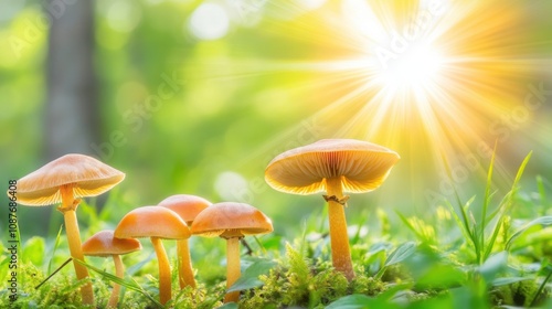 Serene forest floor, mushrooms in sunlight with open area for text, lush and peaceful