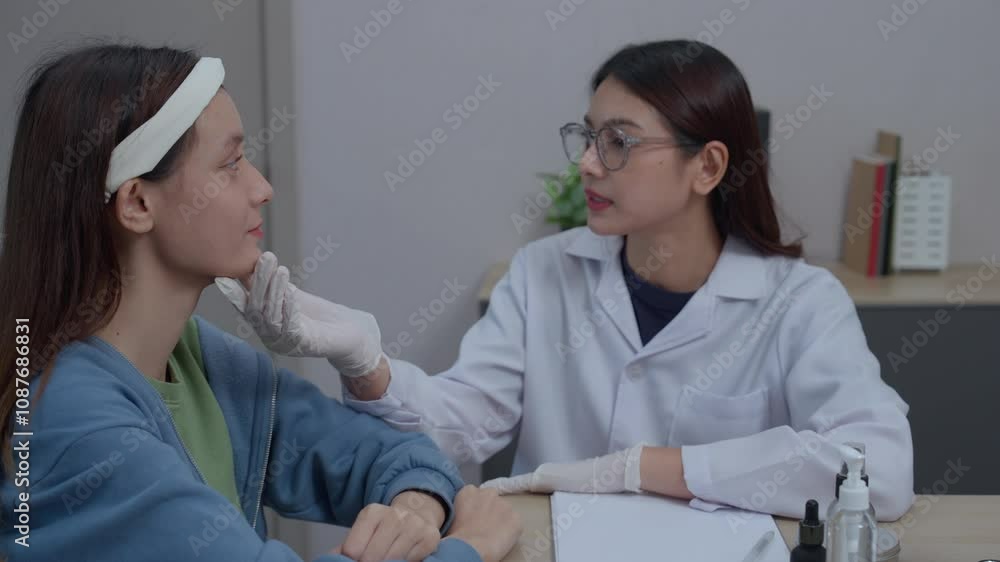 A dermatologist examines a patient’s face with gloved hands during a professional skincare consultation, focusing on health and aesthetics. A dermatologist examines a patient’s face with gloved hands during a professional skincare consultation, focusing on health and aesthetics.