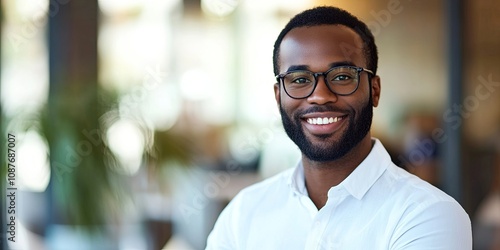 Dark skinned entrepreneur wearing glasses works in a modern office setting. This African American man in a white shirt smiles at the camera, creating a positive atmosphere in the blurred background.