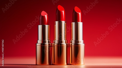 Three lipsticks in different shades of red, arranged elegantly on a surface, set against a gradient background. photo