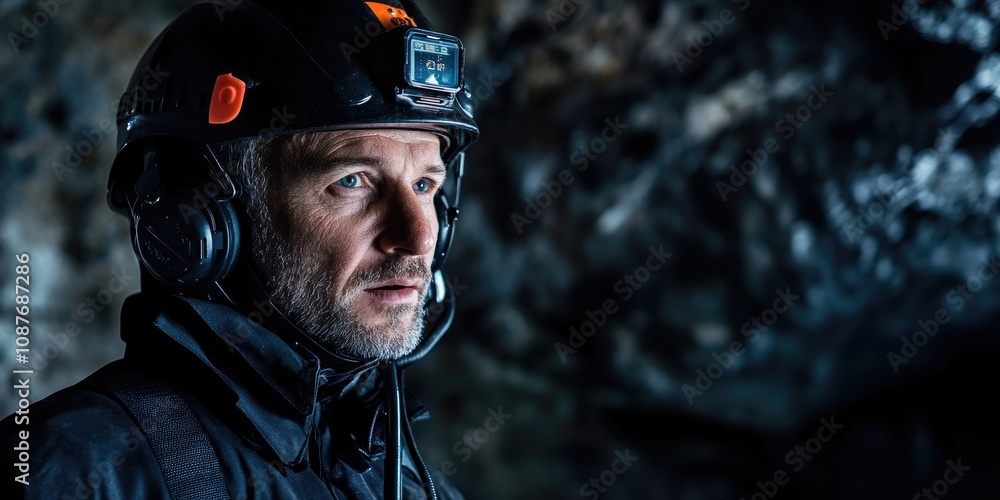 Man equipped with a helmet and a radio transmitter, showcasing the use of a radio transmitter for communication and safety in various environments. The helmet and radio transmitter illustrate Man equipped with a helmet and a radio transmitter, showcasing the use of a radio transmitter for communication and safety in various environments. The helmet and radio transmitter illustrate