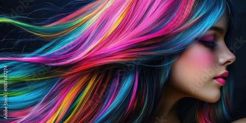 Girl with long hair featuring colorful strands in an ombre style. The ombre effect creates a striking visual with the girl s long hair, showcasing the vibrant dyed strands beautifully.