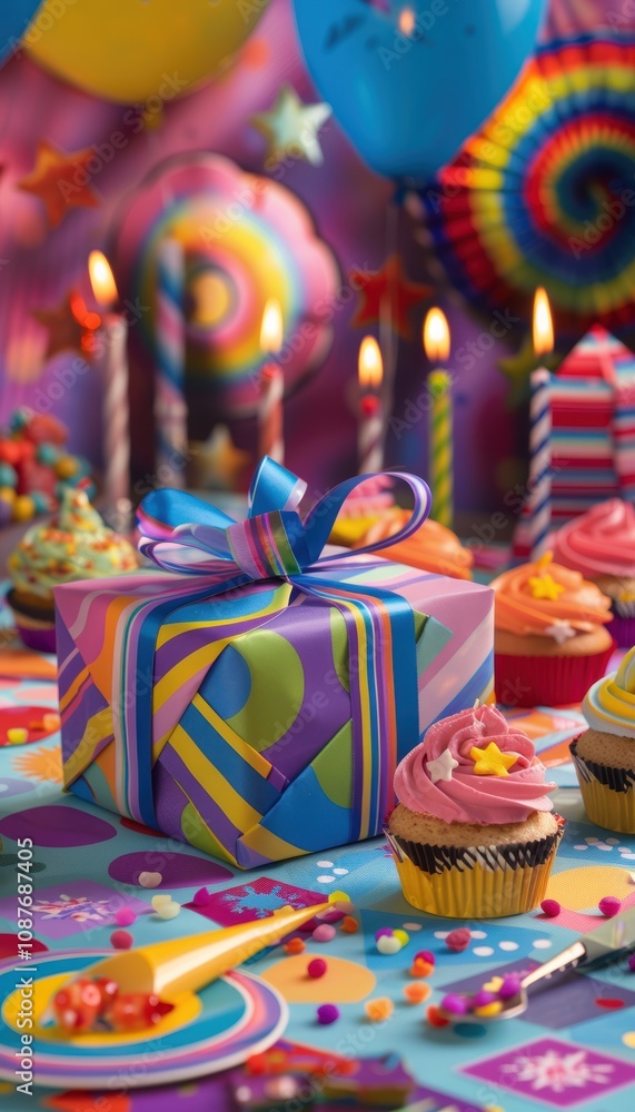 Fototapeta premium Vibrant Birthday Party Setting with Gift Box and Colorful Decorations for Celebration Posters