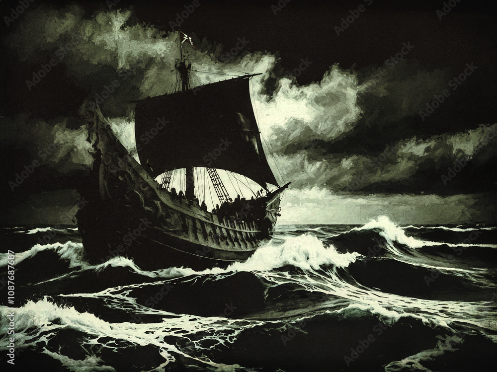 Ein Wikingerboot kämpft gegen die Wellen unter einem stürmischen Himmel in der nordischen See