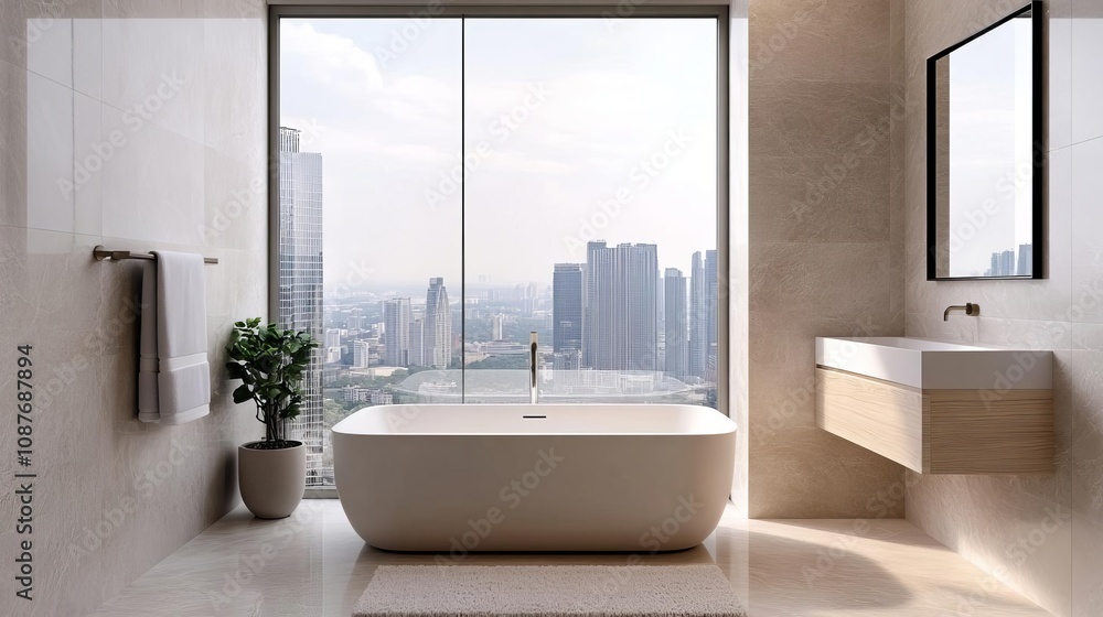 Wide open bathroom layout, cityscape view, luxury and modern feel Wide open bathroom layout, cityscape view, luxury and modern feel