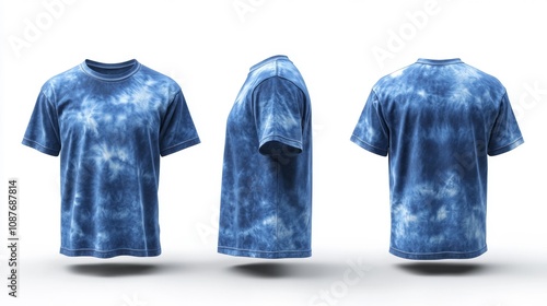Sky Blue Tie-Dye T-Shirt Mockup All Views. Generative AI