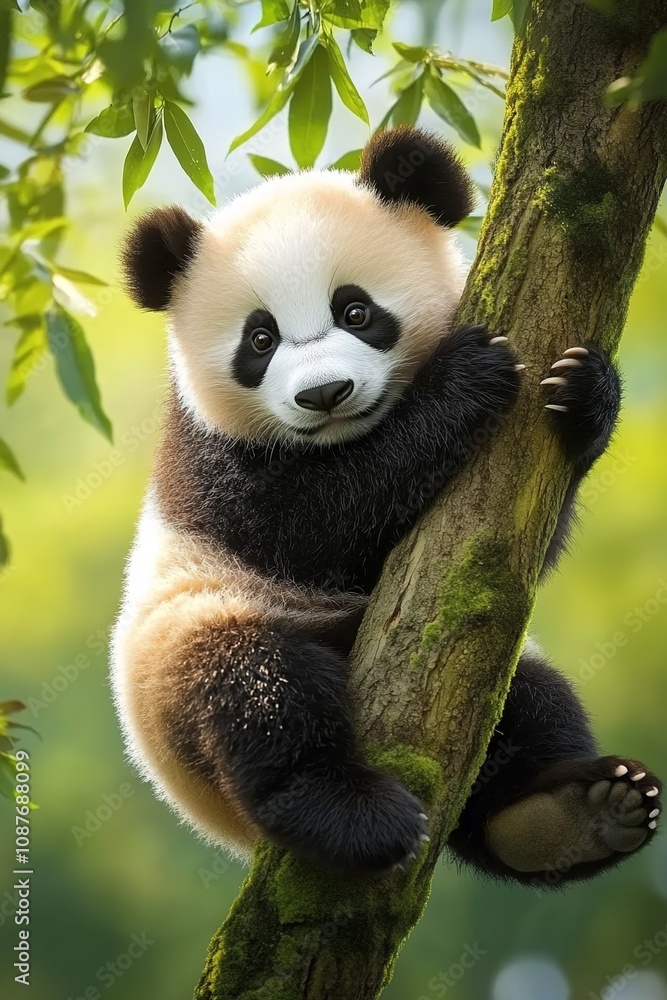 Obraz premium A cute panda hanging from a tree