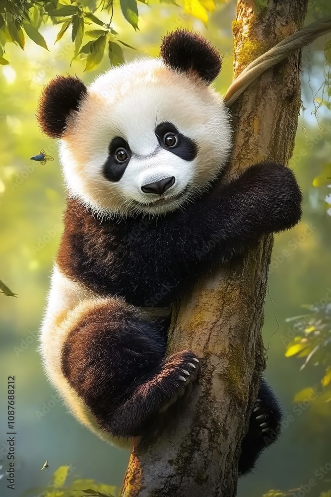 Fototapeta premium A cute panda hanging from a tree