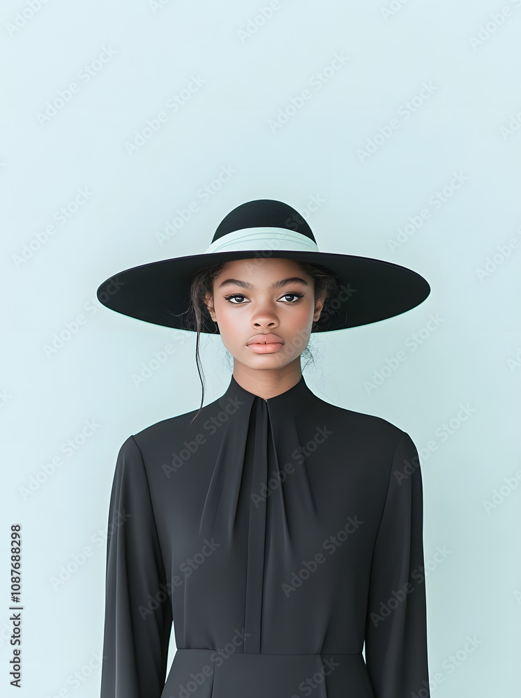 Woman in black dress with wide-brim hat in minimalist portrait Woman in black dress with wide-brim hat in minimalist portrait