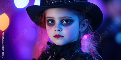 Enchanting little girl in costume and make up embodies Gothic fashion culture at a concert. This children s Christmas and New Year show showcases emotional, colorful performances in elementary school. photo