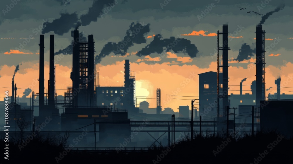 Industrial Sunset: A Silhouette of Urban Industry Industrial Sunset: A Silhouette of Urban Industry