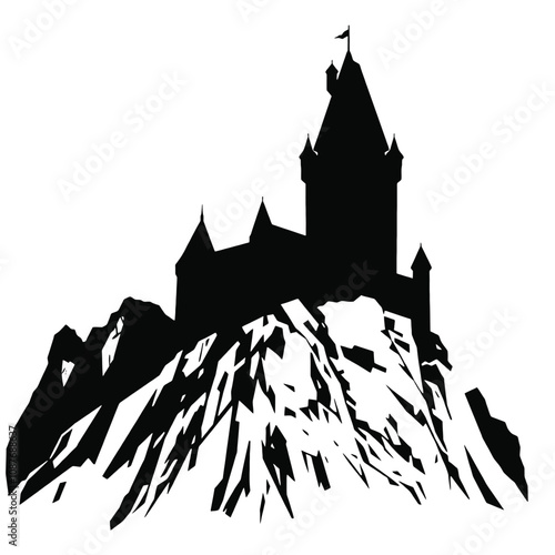a black and white silhouette of a castle on top of a mountain.