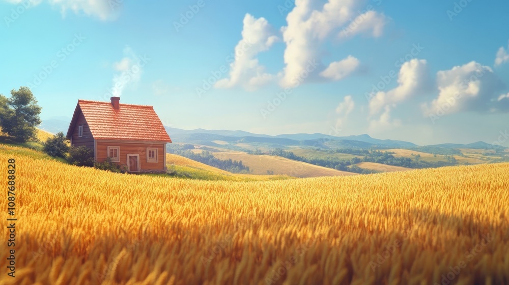 A charming rural landscape featuring rolling hills, a picturesque farmhouse, and fields of golden wheat swaying in the gentle breeze. A charming rural landscape featuring rolling hills, a picturesque farmhouse, and fields of golden wheat swaying in the gentle breeze.