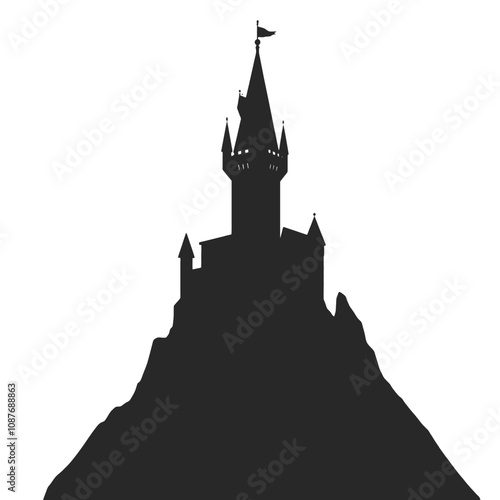 a black and white silhouette of a castle on top of a mountain.