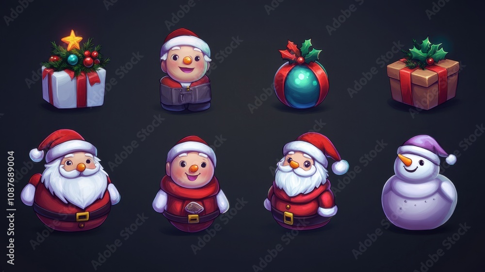 Fototapeta premium Set of Christmas-themed illustrations: Santa, snowman, baubles, and ribboned packages for holiday cards and posters.