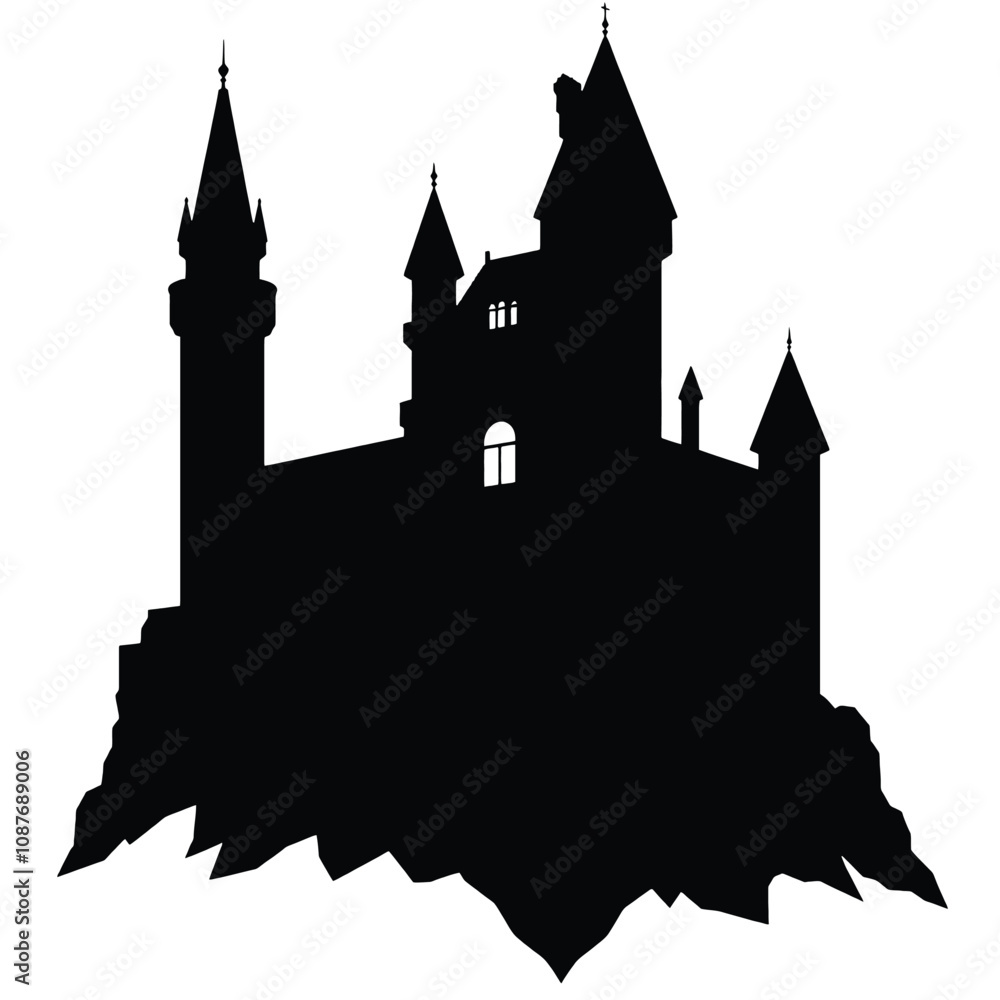 a black and white silhouette of a castle on top of a mountain.