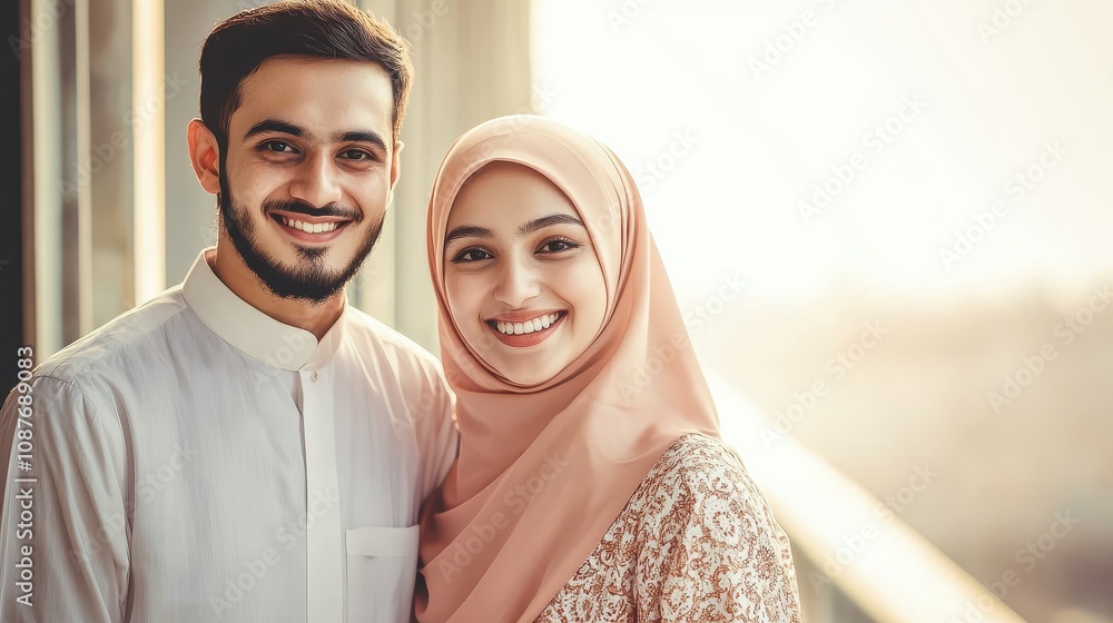 A happy Muslim couple stands together in matching traditional attire, radiating joy and love A happy Muslim couple stands together in matching traditional attire, radiating joy and love