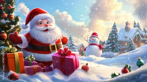 Set of Christmas-themed illustrations: Santa, snowman, baubles, and ribboned packages for holiday cards and posters.