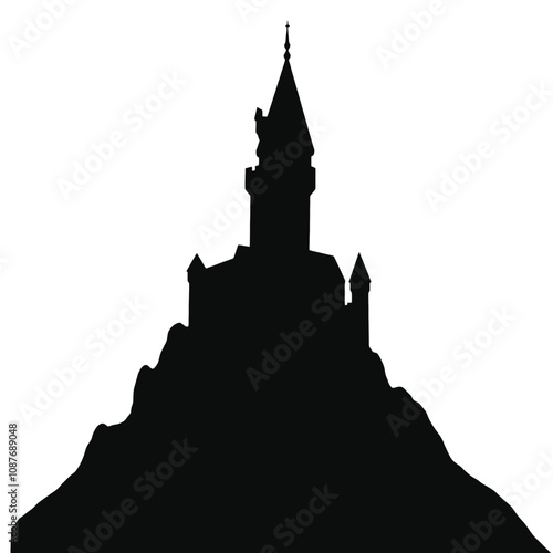 a black and white silhouette of a castle on top of a mountain.