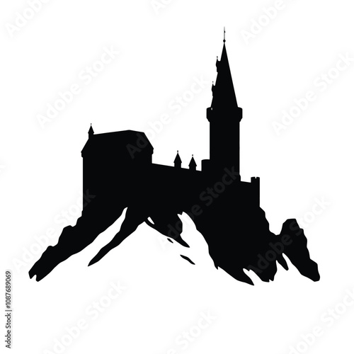 a black and white silhouette of a castle on top of a mountain.