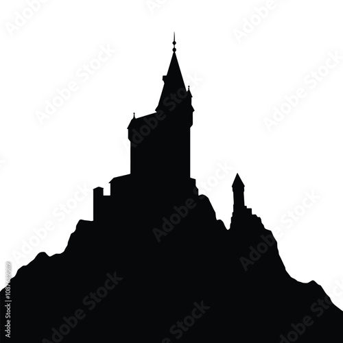 a black and white silhouette of a castle on top of a mountain.