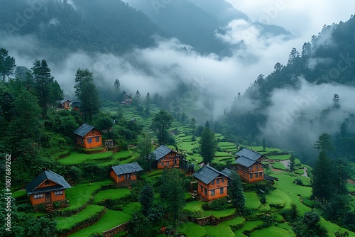 Langde Miao Nationality Village, Leishan County, near Kaili, Guizhou, China Asiatic village in the hills of China farming peasant farming, wooden houses, spring season, travel photo
 photo