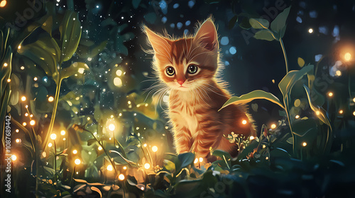 Adorable kitten in enchanted garden with glowing plants and fairy lights. Whimsical Fairy Garden. Illustration