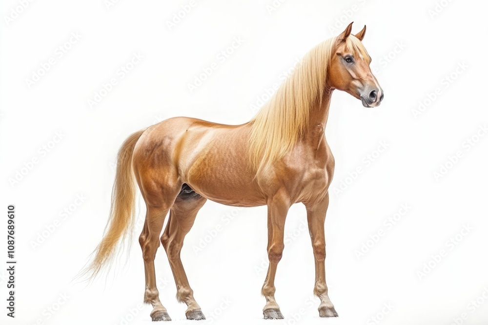 Obraz premium Mixed breed of Spanish and Arabian Full body horse, 8 years old, portrait standing against white background