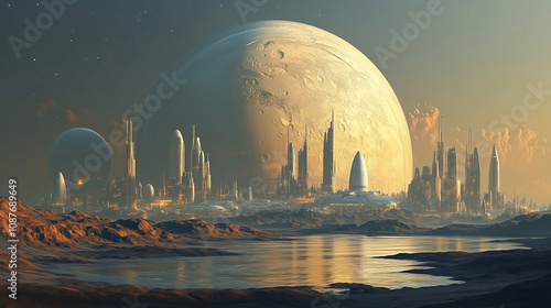 Futuristic cityscape on another planet with towering structures and a massive moon in the evening sky by a tranquil water body. Generative AI photo