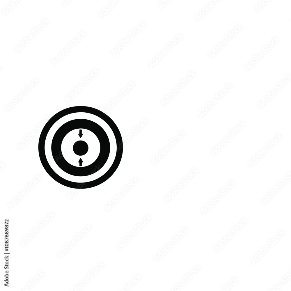 two circular icons, one in black and one in white. The black icon on the left is a circular target with an arrow in the center. two circular icons, one in black and one in white. The black icon on the left is a circular target with an arrow in the center.