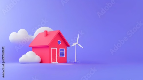 Wallpaper Mural A vibrant pink house with a wind turbine beside it, set against a purple background featuring fluffy clouds, symbolizing renewable energy and sustainability. Torontodigital.ca