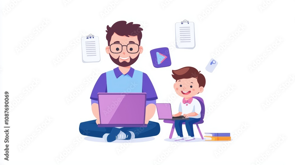 A father and son engage in digital activities together, with the father using a laptop and the son happily working on his own device. A father and son engage in digital activities together, with the father using a laptop and the son happily working on his own device.