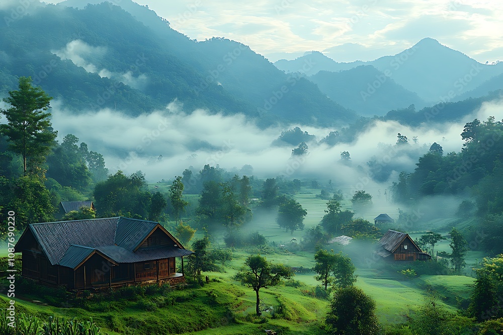 Clouds rolling down mountains covered with dense trees in Bumthang, Bhutan
Clouds rolling down mountains covered with dense trees in Bumthang, Bhutan