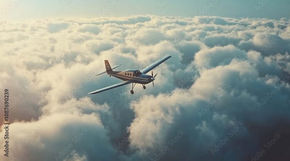 Obraz premium A small airplane flying through the clouds
