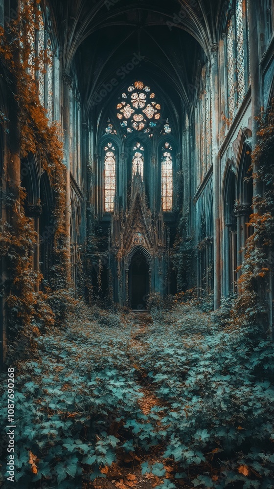 Overgrown Gothic cathedral with ornate carvings and lush greenery Overgrown Gothic cathedral with ornate carvings and lush greenery