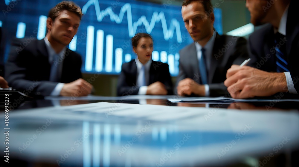 Business team in a meeting room, looking at charts and documents. Business team in a meeting room, looking at charts and documents.