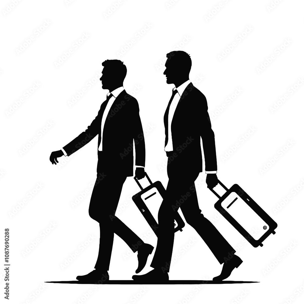 Two men silhouettes walking with a suitcase Two men silhouettes walking with a suitcase