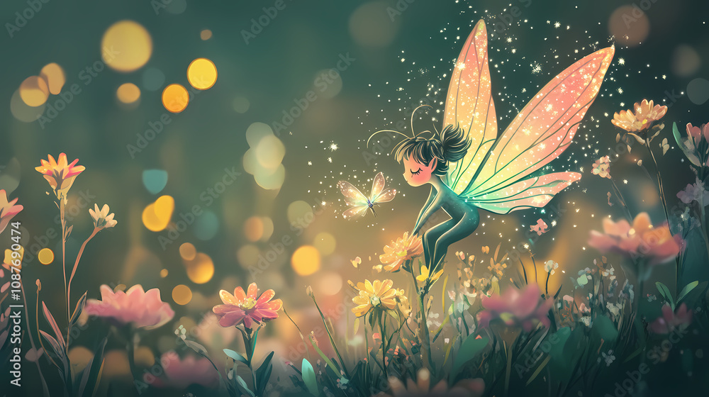 A cute fairy with sparkly wings spreads magic over flowers in a whimsical garden. Whimsical Fairy Garden. Illustration A cute fairy with sparkly wings spreads magic over flowers in a whimsical garden. Whimsical Fairy Garden. Illustration