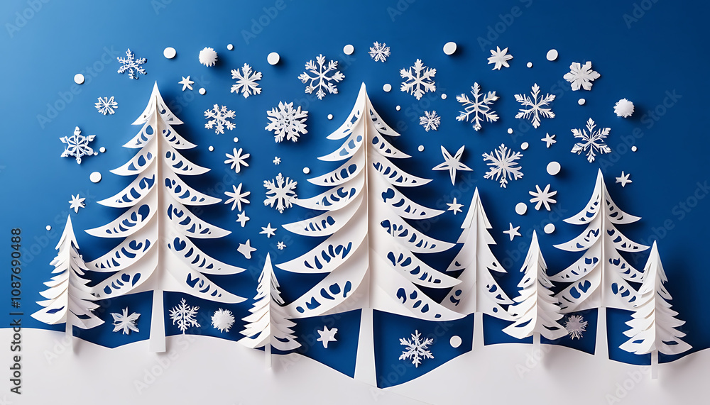 Winter Christmas and New year composition in paper cut style, created by children, kids. Hand made effect. Blue and white colors. Christmas tree, snowflakes, snow, berries Winter Christmas and New year composition in paper cut style, created by children, kids. Hand made effect. Blue and white colors. Christmas tree, snowflakes, snow, berries