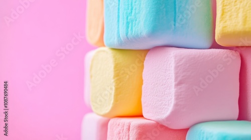 Colorful Marshmallow Stack on Pink Background