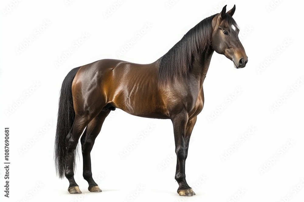 Obraz premium Mixed breed of Spanish and Arabian Full body horse, 8 years old, portrait standing against white background