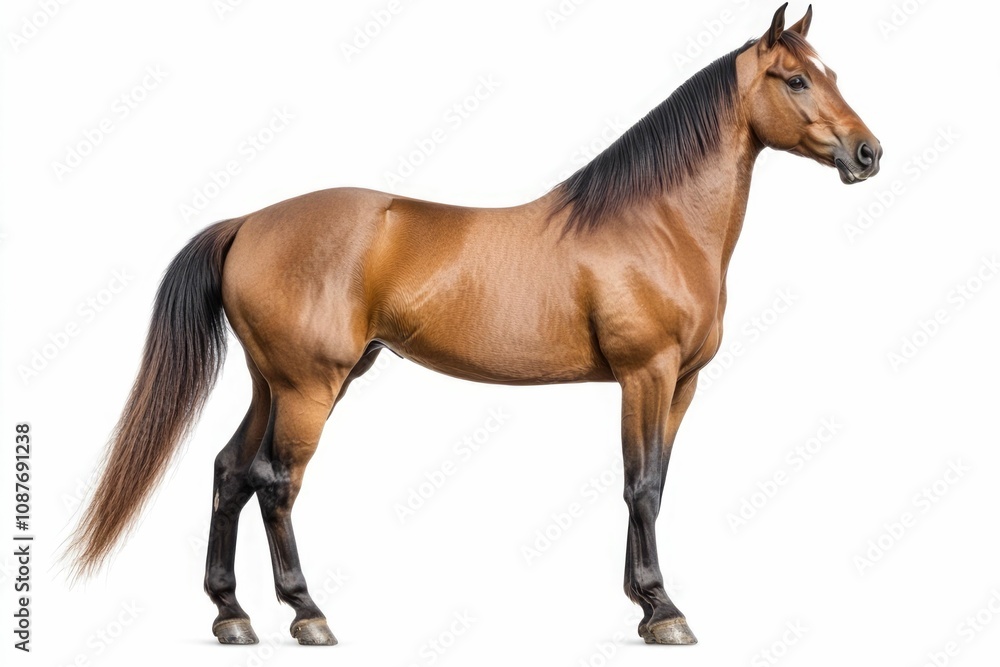 Obraz premium Mixed breed of Spanish and Arabian Full body horse, 8 years old, portrait standing against white background