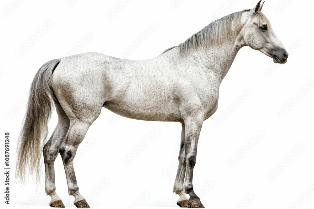 Obraz premium Mixed breed of Spanish and Arabian Full body horse, 8 years old, portrait standing against white background