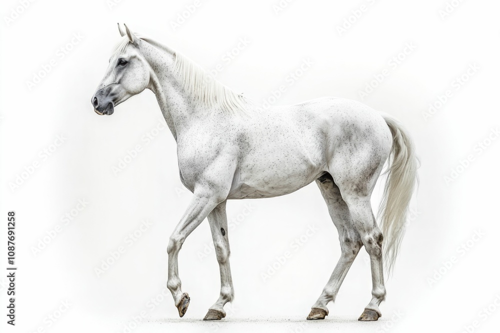 Mixed breed of Spanish and Arabian Full body horse, 8 years old, portrait standing against white background Mixed breed of Spanish and Arabian Full body horse, 8 years old, portrait standing against white background