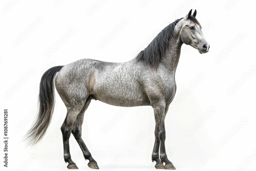 Obraz premium Mixed breed of Spanish and Arabian Full body horse, 8 years old, portrait standing against white background