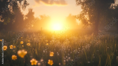 Golden Hour Sunset Over a Field of Flowers